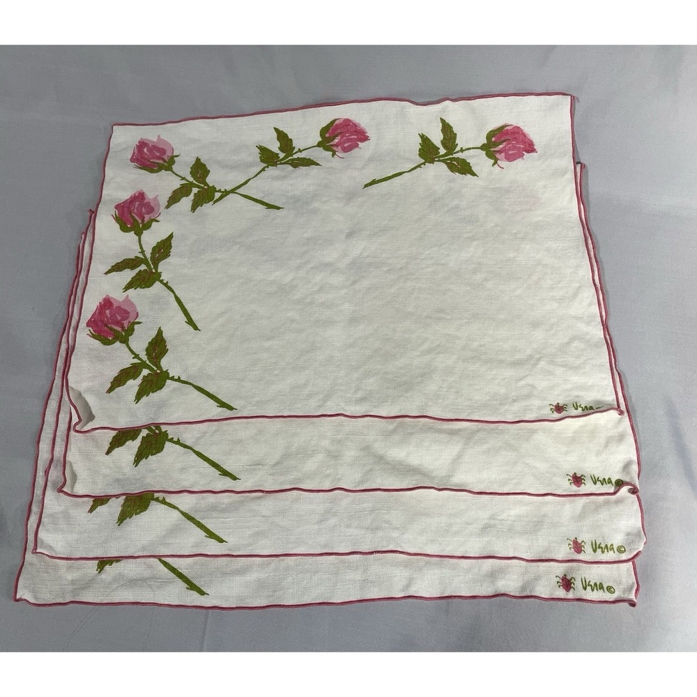 Vintage Vera Neumann Ladybug Pink Rosebud Roses Linen Table Placemats Set of 4